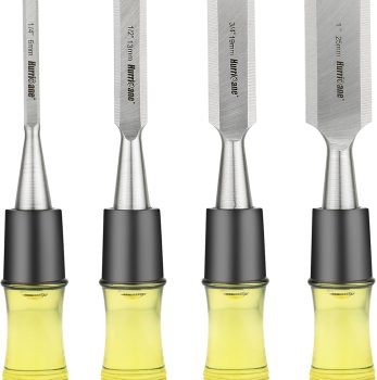 HURRICANE 4 Piece Wood Chisel Set for Woodworking. CR-V Steel Beveled Edge Blades with Safety Caps. Durable PVC High Impact Handle, for Precision Carving & DIY Projects (1/4″, 1/2″, 3/4″, 1″)