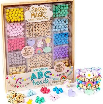 Story Magic Wooden ABC Beads by Horizon Group USA, Premium Wood Jewelry Making Kit, Makes 10+ Pieces of Jewelry, Over 350 Wooden Beads & Charms